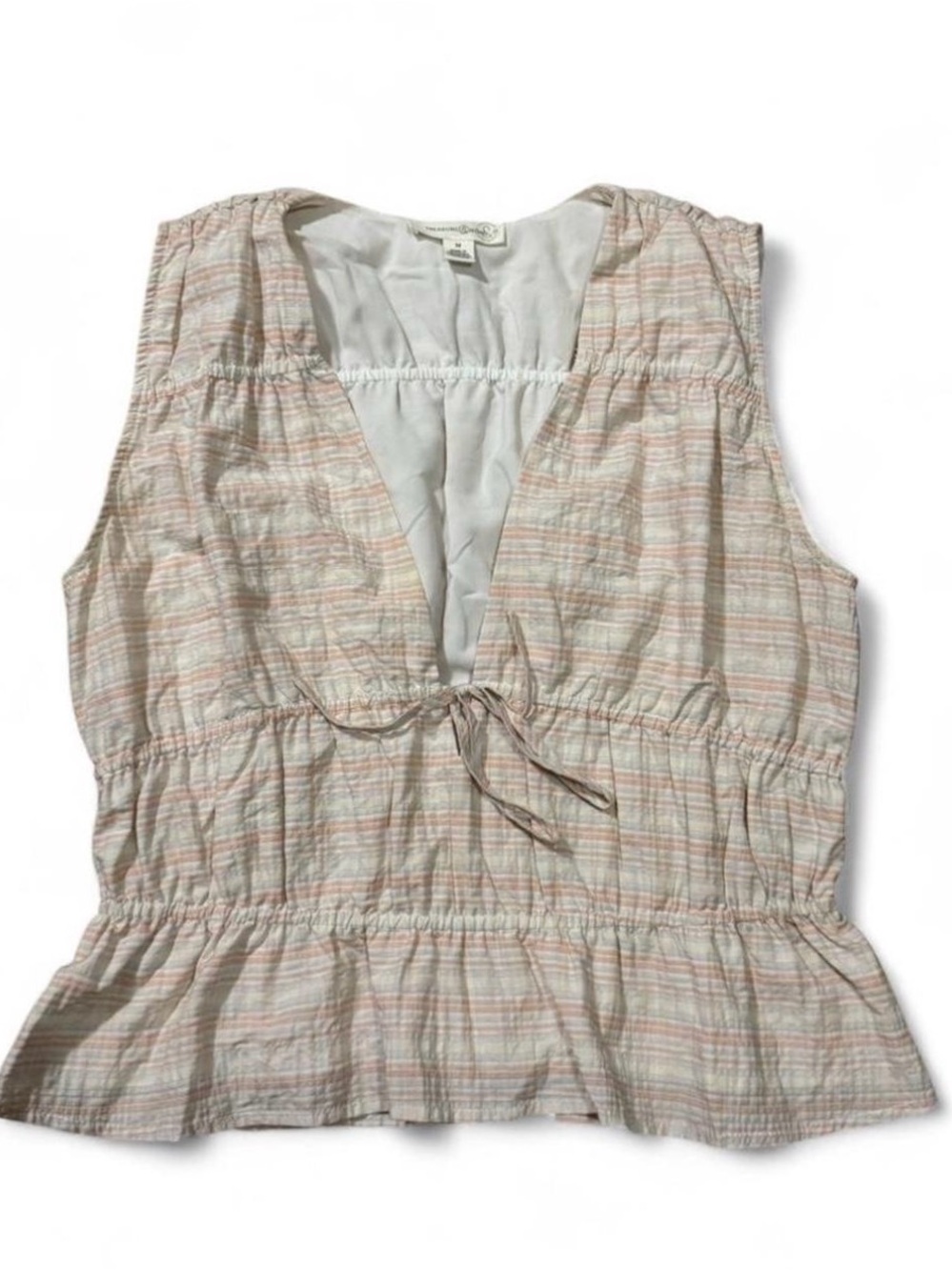 Ruched Tie-Front Sleeveless Top - Pastel Plaid